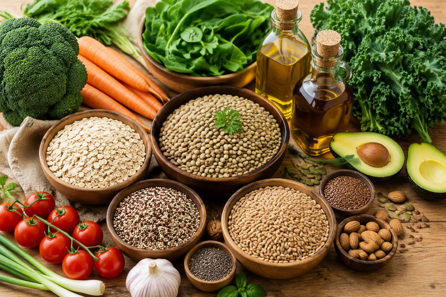 Fresh organic vegetables and wholesome grains on a kitchen preparation table